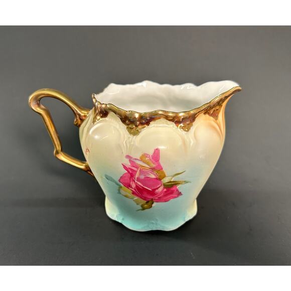 Victorian Rose Porcelain Creamer, German Three Crown - Satin China Gold Trim - Picture 2 of 9